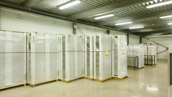 Armoires terminées, emballées sous film, prêtes à partir.